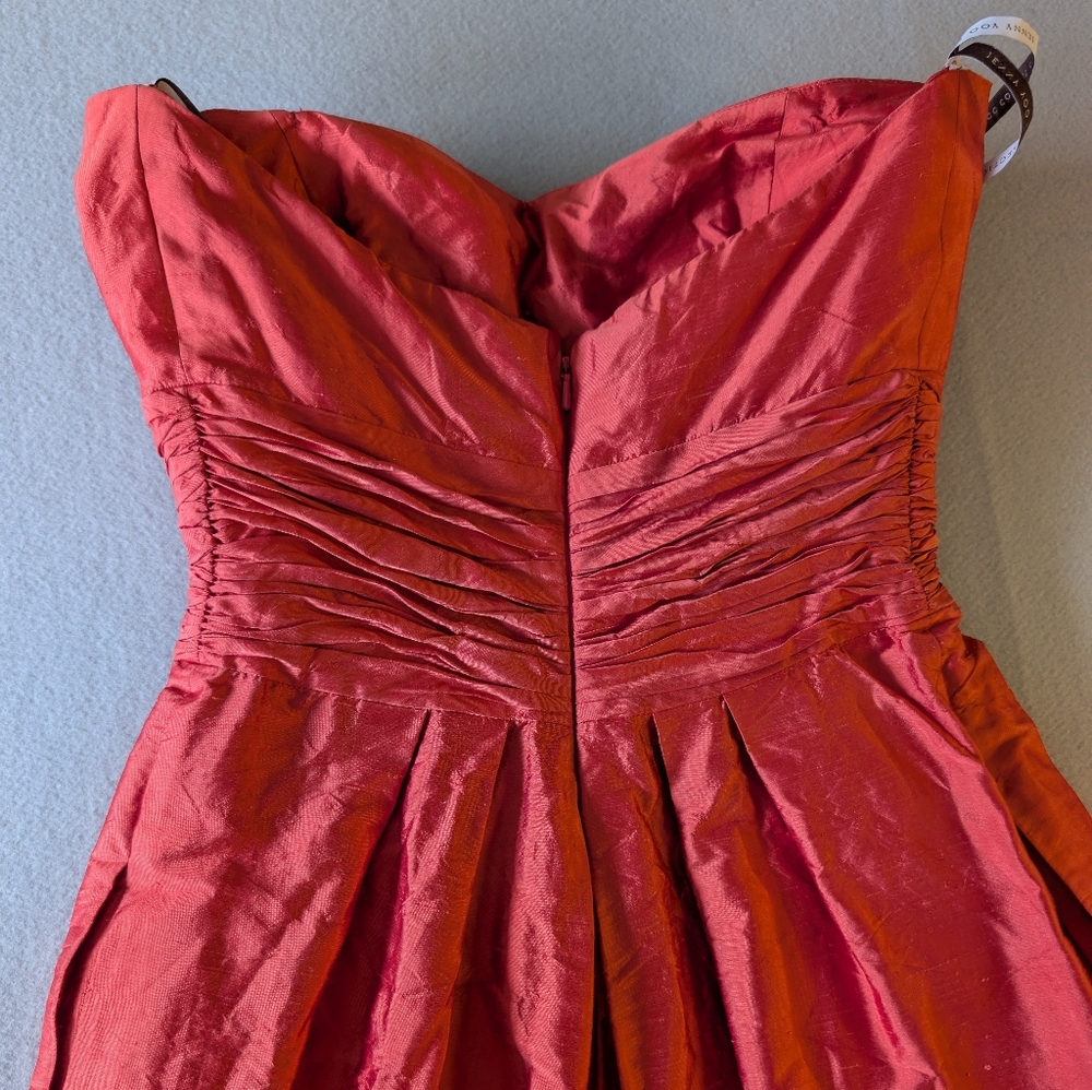 Jenny Yoo 100% Silk Coral Orange Strapless Ruched Waist Cocktail Dress Sz 8 - Picture 8 of 15
